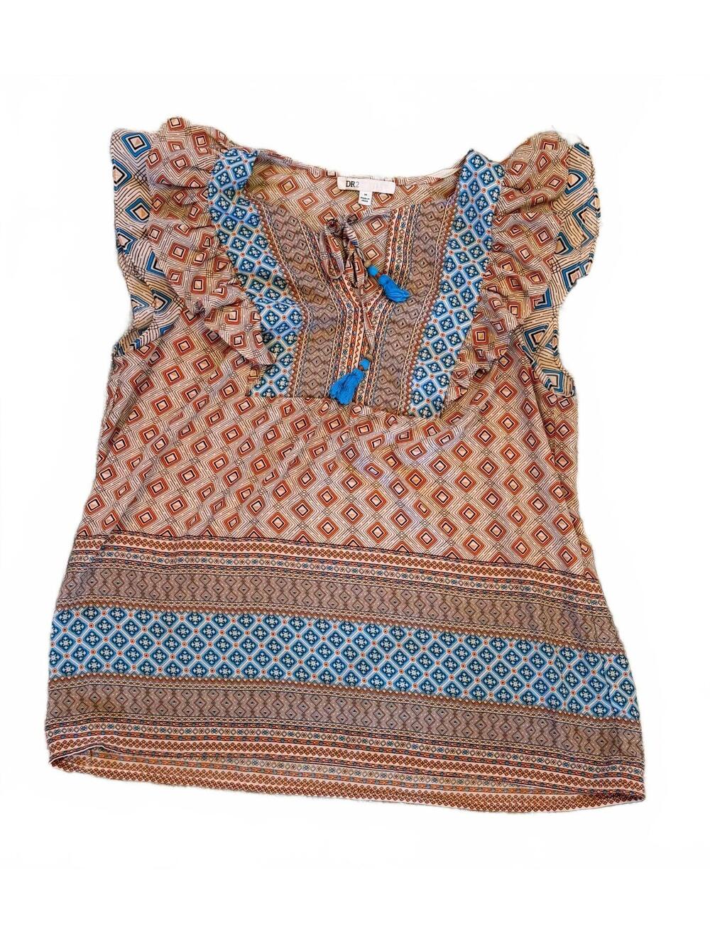 DR2 Boho Geometric Ruffle Sleeve Blouse Size Medium
